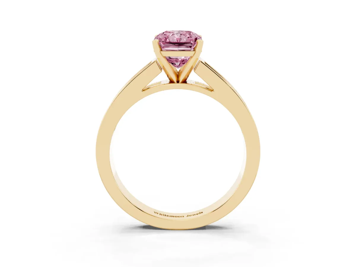 Fancy Pink Radiant Cut Solitaire Diamond Ring with Channel-Set Band and Four-Prong Setting Yellow gold