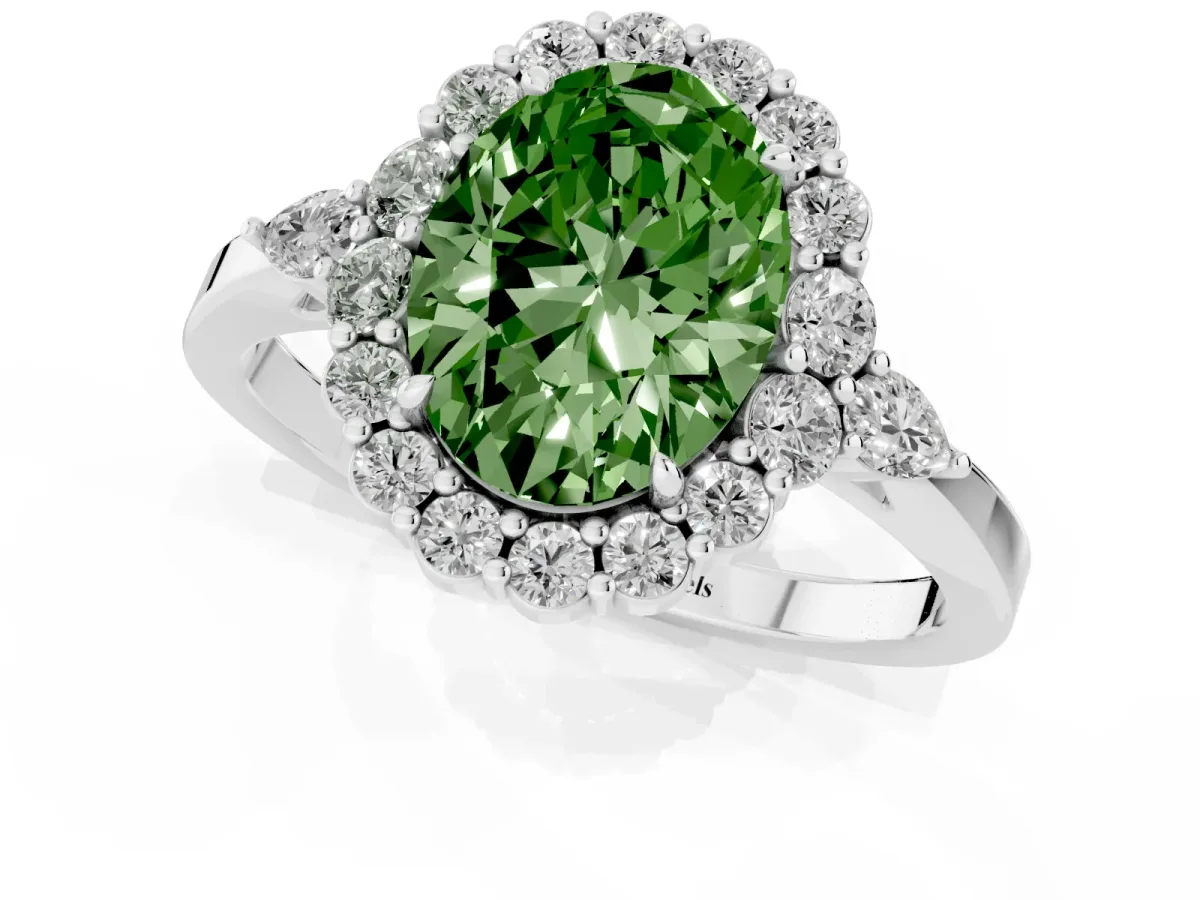 Fancy Green Oval Cut Diamond Halo Ring with Pear Side Stones and Prong Setting Silver