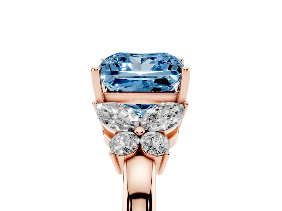Fancy Blue Princess Cut Cut Solitaire Floral Diamond Ring with Four-Prong Setting Rose gold