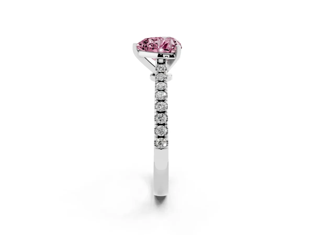 Fancy Pink Heart Cut Cut Solitaire Diamond Engagement Ring with Pave Band and Four-Prong Setting Platinum
