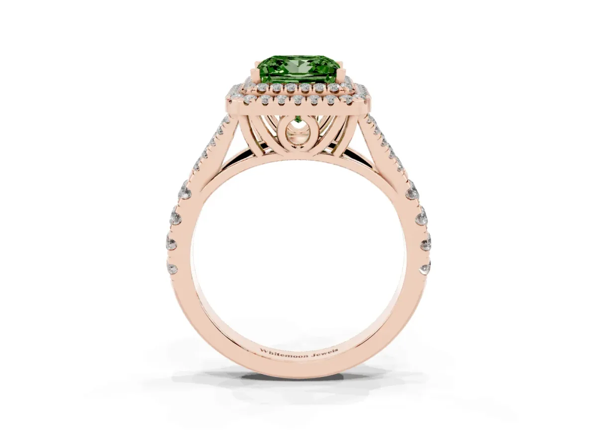 Fancy Green Double Halo Princess Cut Diamond Split Shank Engagement Ring with Four-Prong Setting Rose gold