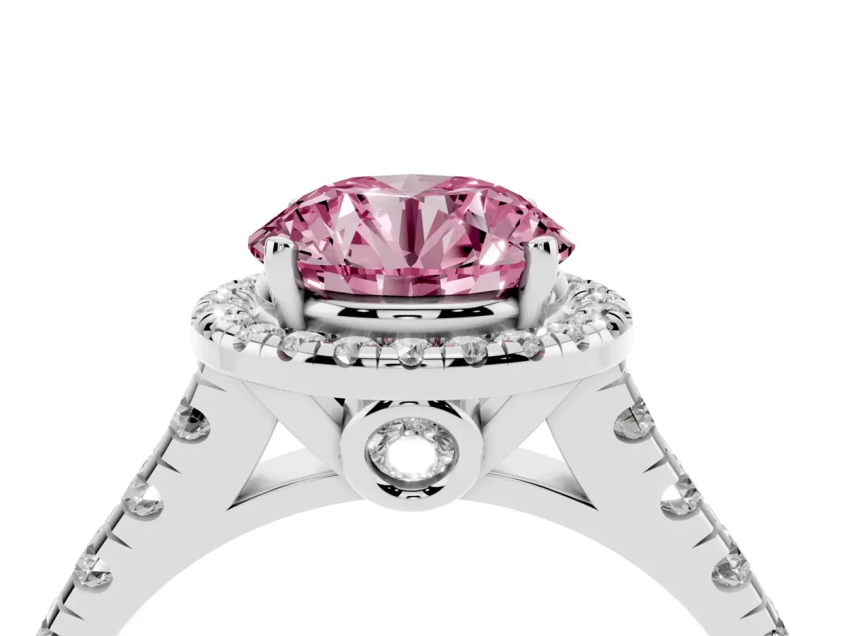 Fancy Pink Round Cut Halo Pavé Diamond Engagement Ring with Four-Prong Setting Platinum