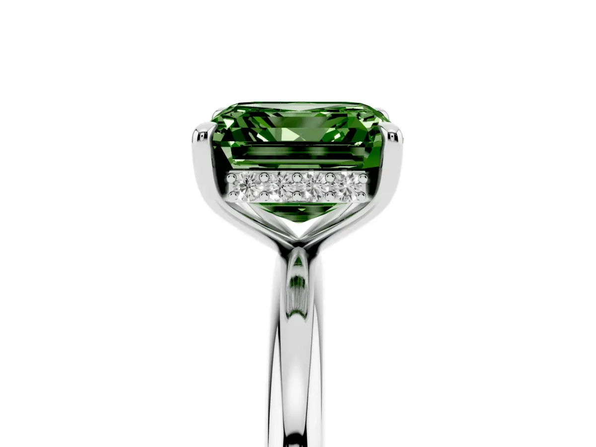Fancy Green Asscher Cut Diamond Solitaire Ring with Thin Band and Four-Prong Setting Silver