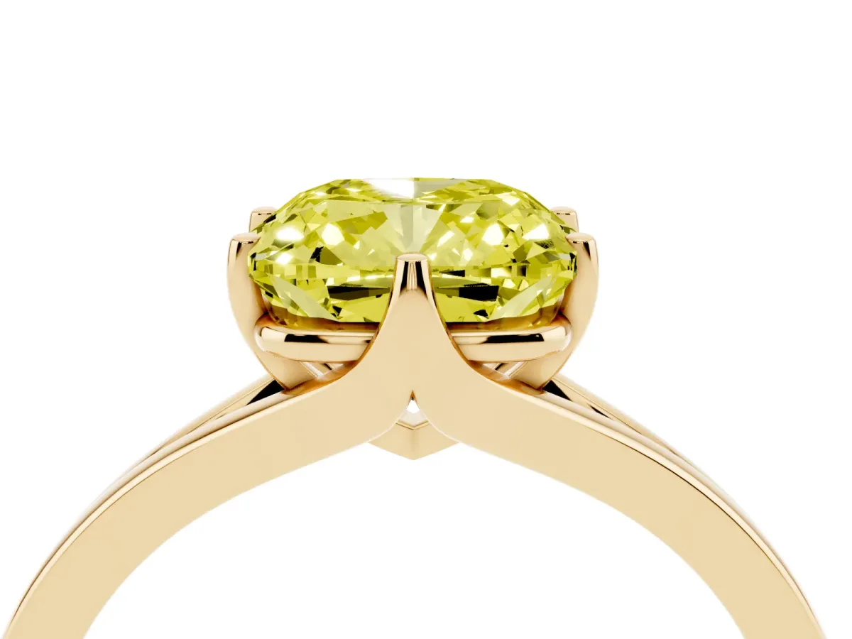 Fancy Yellow Cushion Cut Solitaire Diamond Ring with Six-Prong Setting and Tapered Band Yellow gold