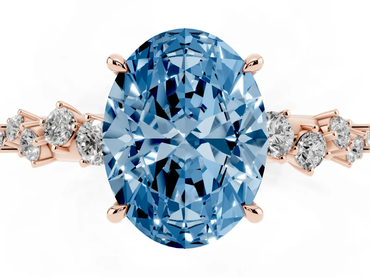 Fancy Blue Oval Cut Diamond Cluster Side Stone Solitaire Ring with Prong Setting Rose gold