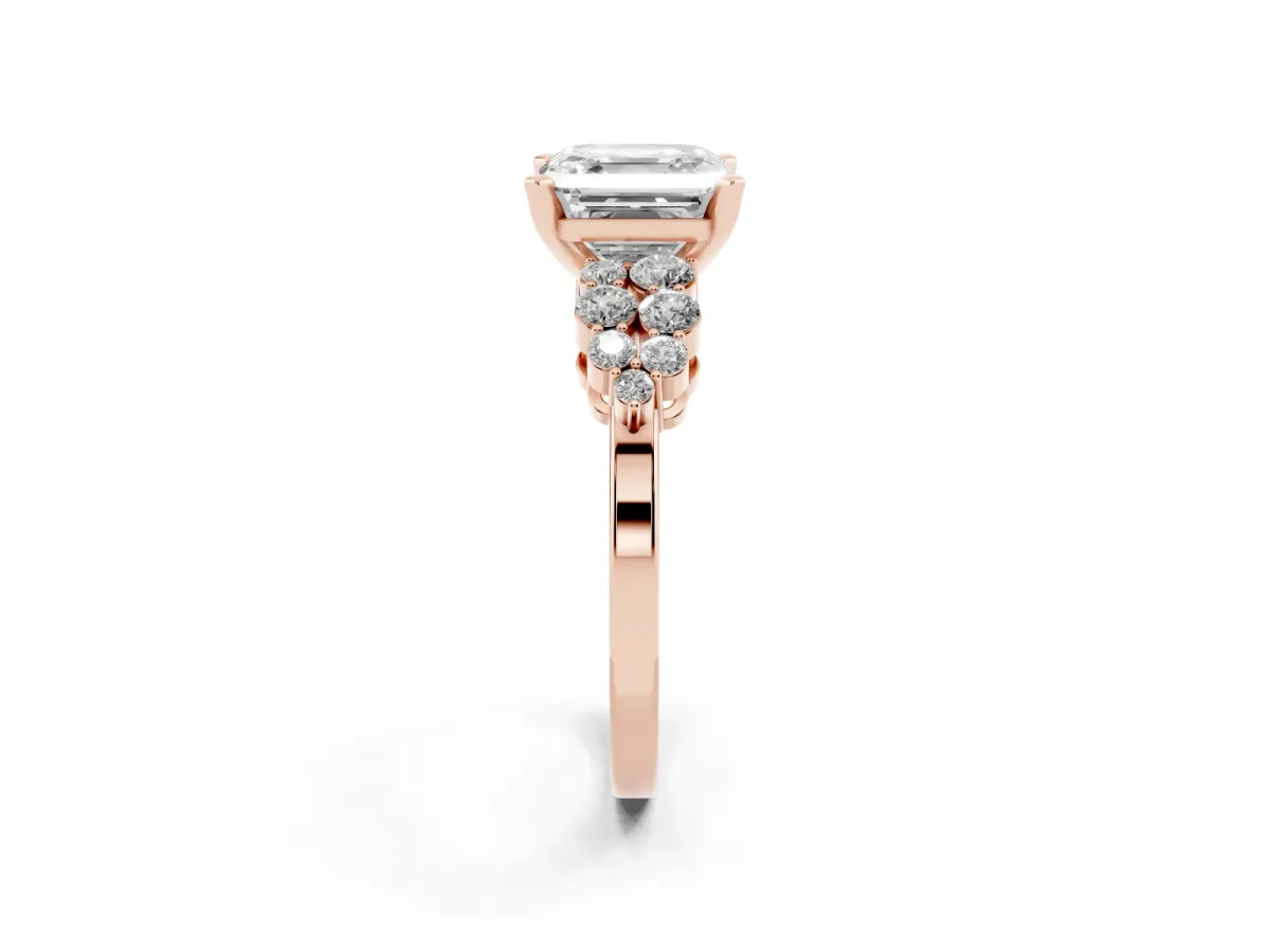 Asscher Cut Cluster Diamond Engagement Ring with Pavé Band and Four-Prong Setting Rose gold