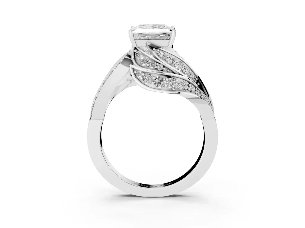 Princess Cut Diamond Solitaire Ring with Prong Setting and Twisted Pavé Band Silver