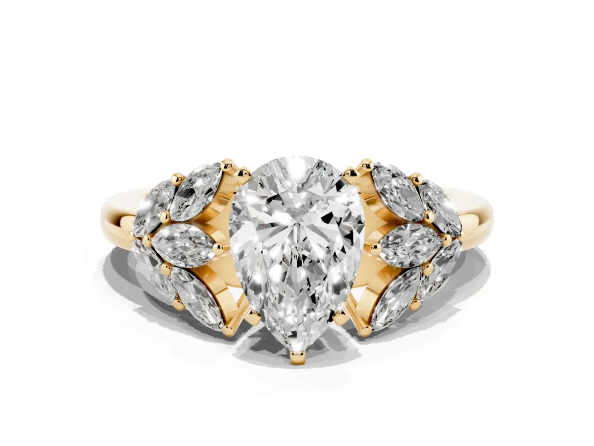 Pear Cut Diamond Cluster Leaf Design Ring with Prong Setting Yellow gold