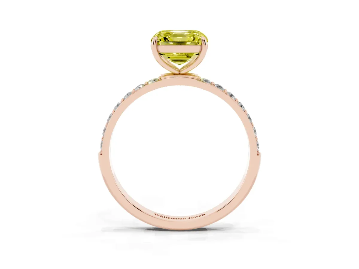 Fancy Yellow Asscher Cut Diamond Solitaire Ring with Round Pavé Shoulders and Prong Setting Rose gold