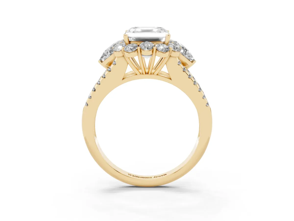 Asscher Cut Halo Split Shank Diamond Engagement Ring with Prong Setting Yellow gold