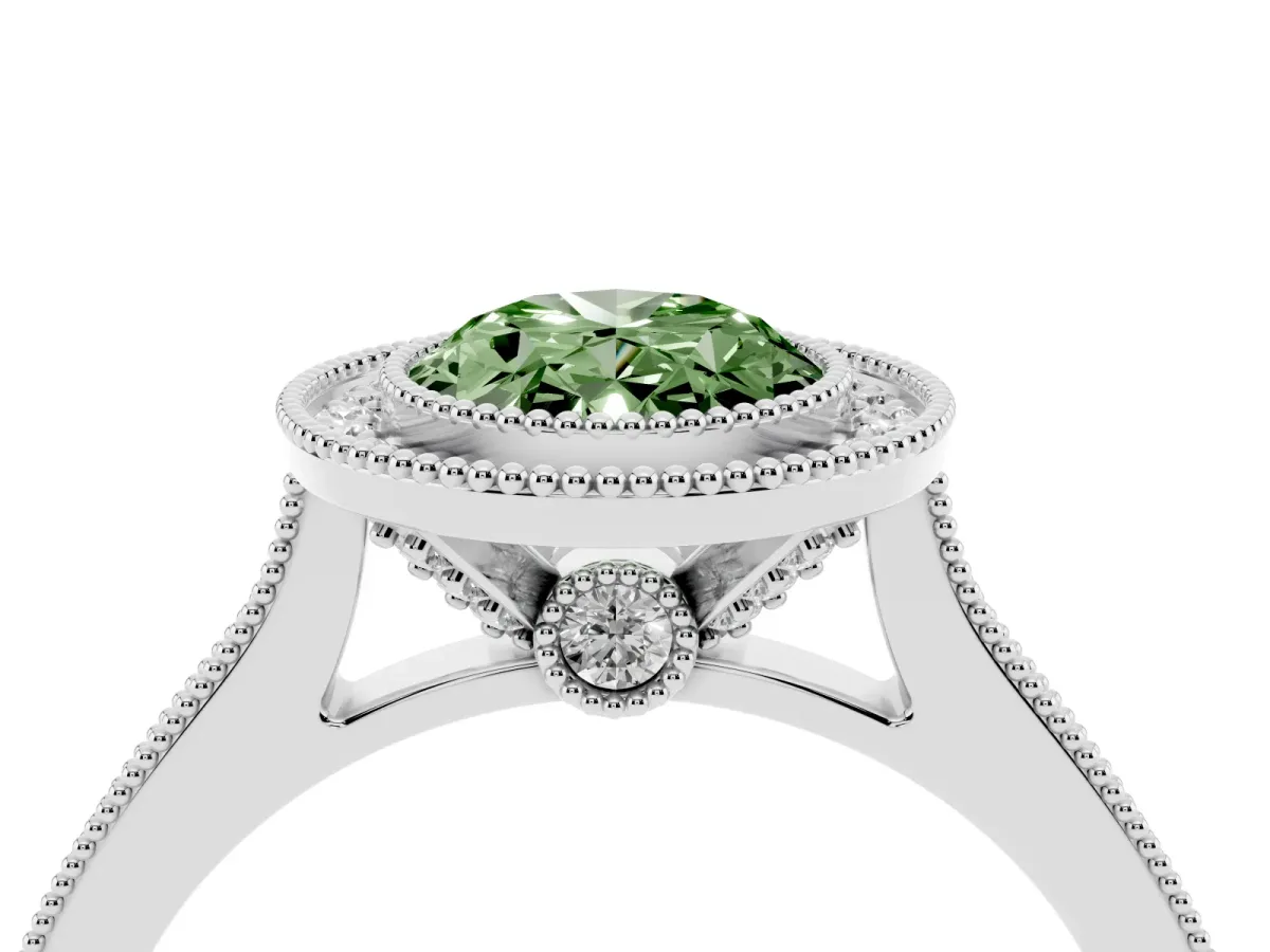 Fancy Green Halo Oval Cut-Cut Diamond Pave Band Milgrain Prong Setting Ring Silver