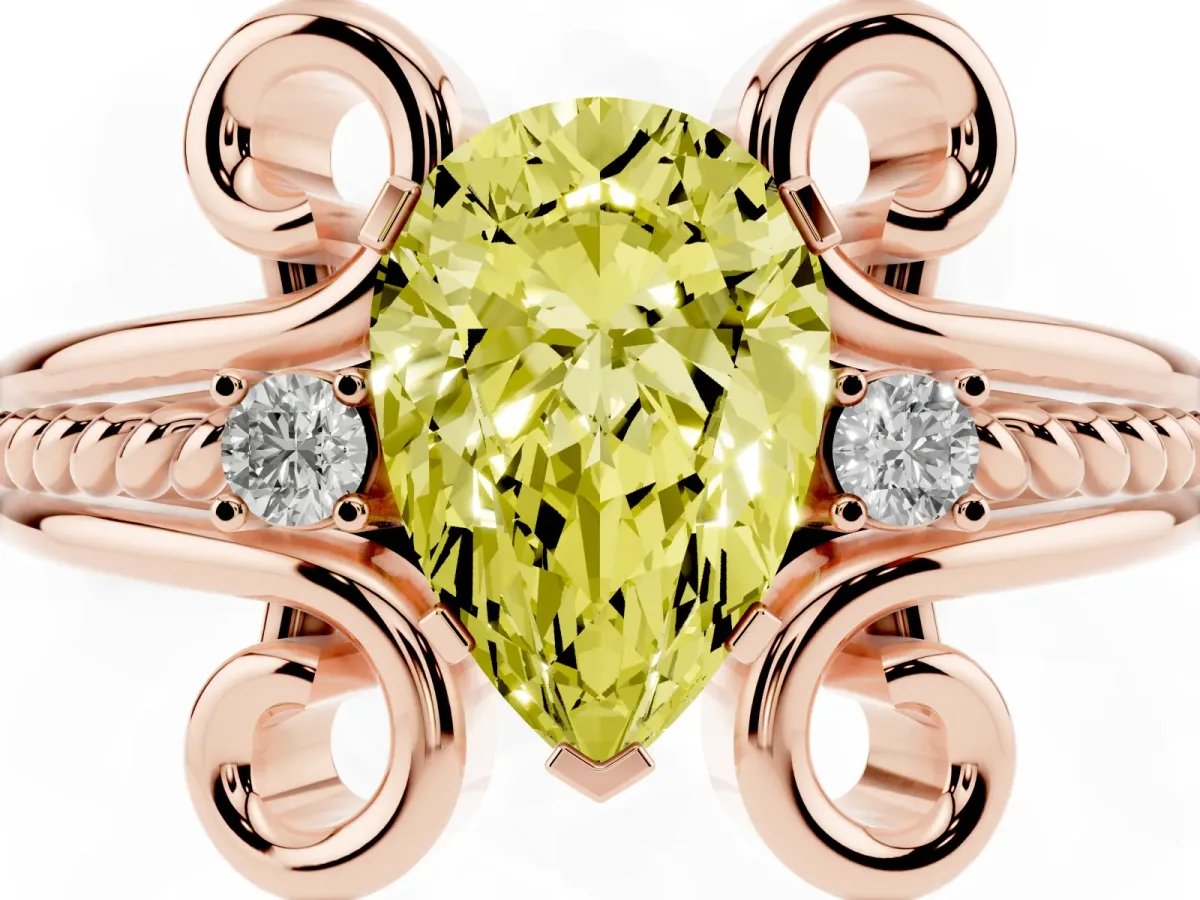 Fancy Yellow Pear Cut Solitaire Twisted Band Scroll Prong Ring Rose gold