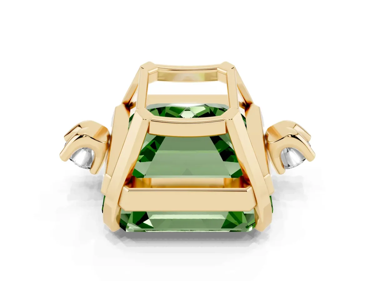 Fancy Green Asscher Cut Cut Three-Stone Solitaire Ring with Round Accent Diamonds and Four-Prong Setting Yellow gold
