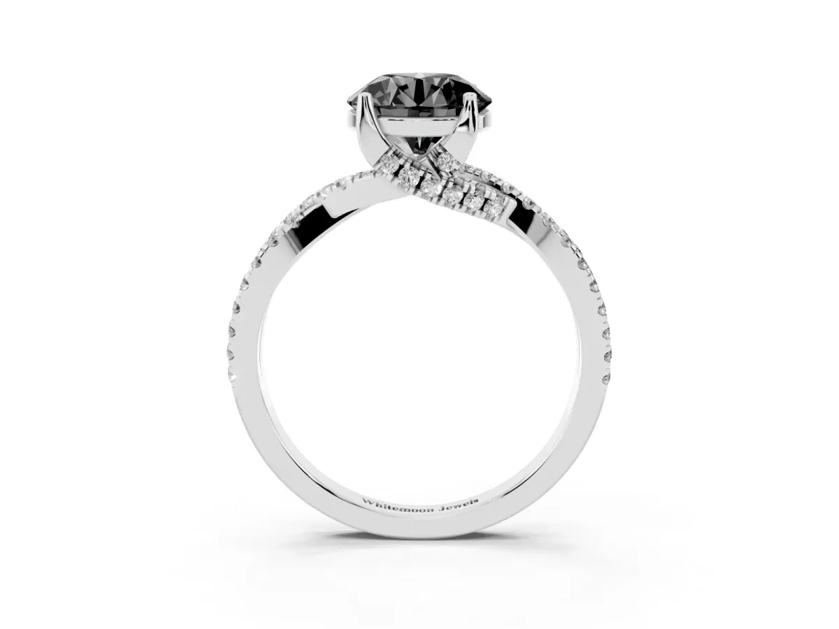 Fancy Black Round Cut Solitaire Twist Pave Diamond Engagement Ring with Prong Setting Platinum