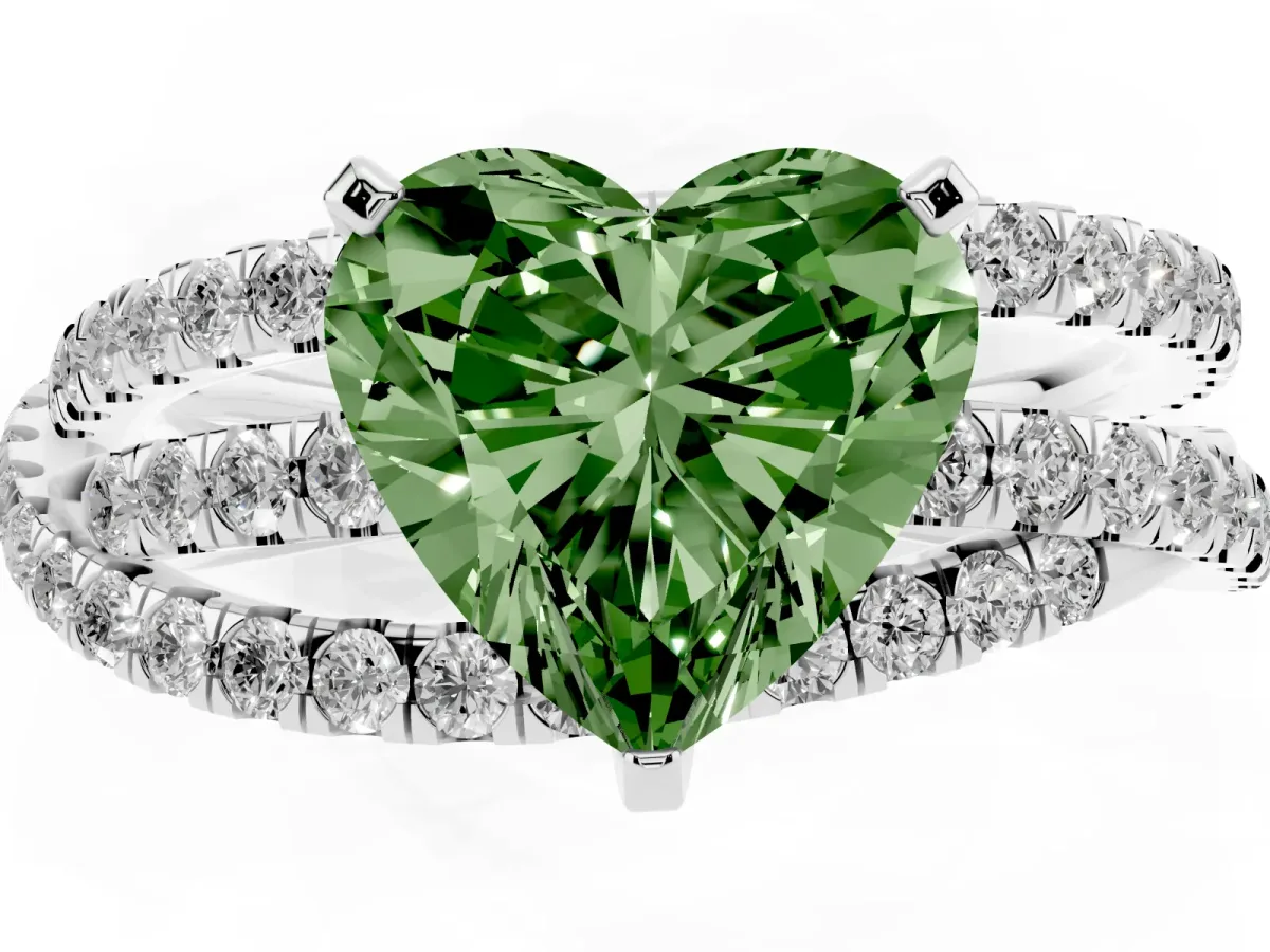 Fancy Green Heart Cut Solitaire Twist Band with Pavé Setting and Four-Prong Setting Silver