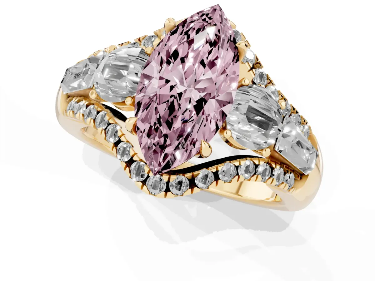 Fancy Pink Three-Stone Marquise Cut Diamond Engagement Ring with Pave Band and Prong Setting Yellow gold