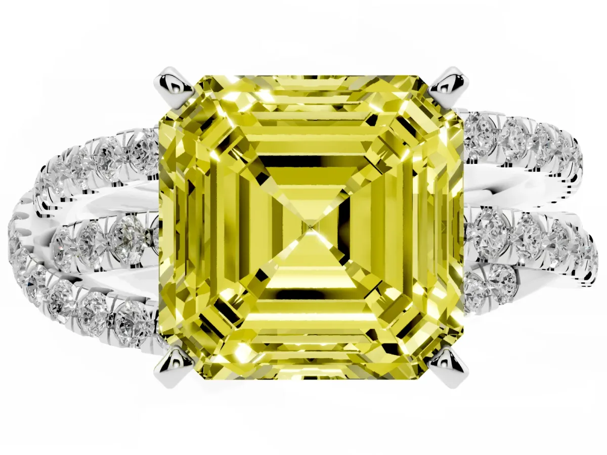 Fancy Yellow Asscher Cut Solitaire Twist Band with Pavé Setting and Four-Prong Setting Silver