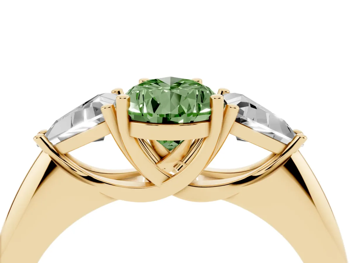 Fancy Green Three-Stone Pear Cut Diamond Engagement Ring with Trillion Side Stones and Prong Setting Yellow gold