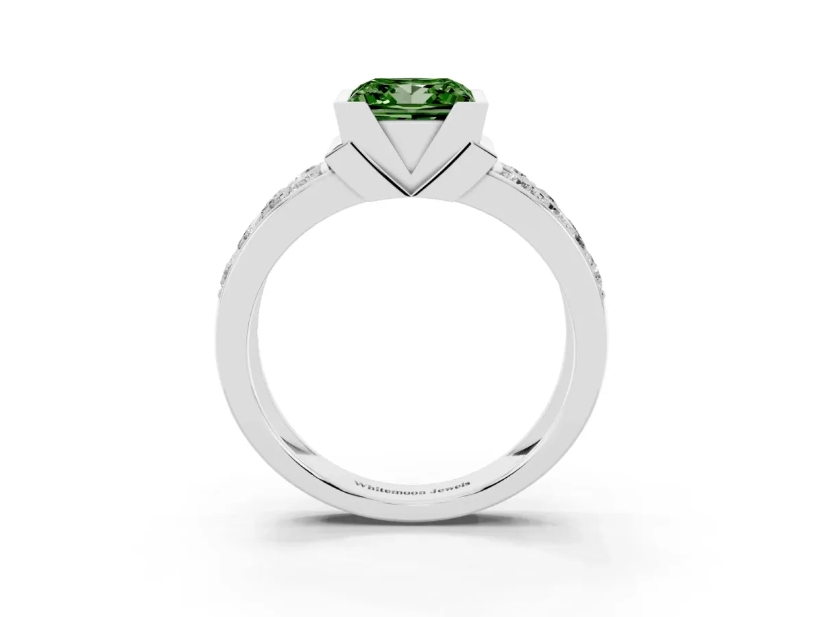 Fancy Green Princess Cut Brilliant Diamond Channel Set Wide Band Ring with Bezel Setting Silver