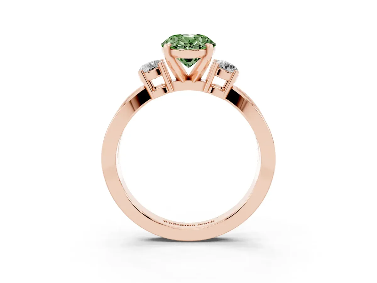 Fancy Green Three-Stone Oval Cut Cut Diamond Twist Band with Prong Setting Rose gold