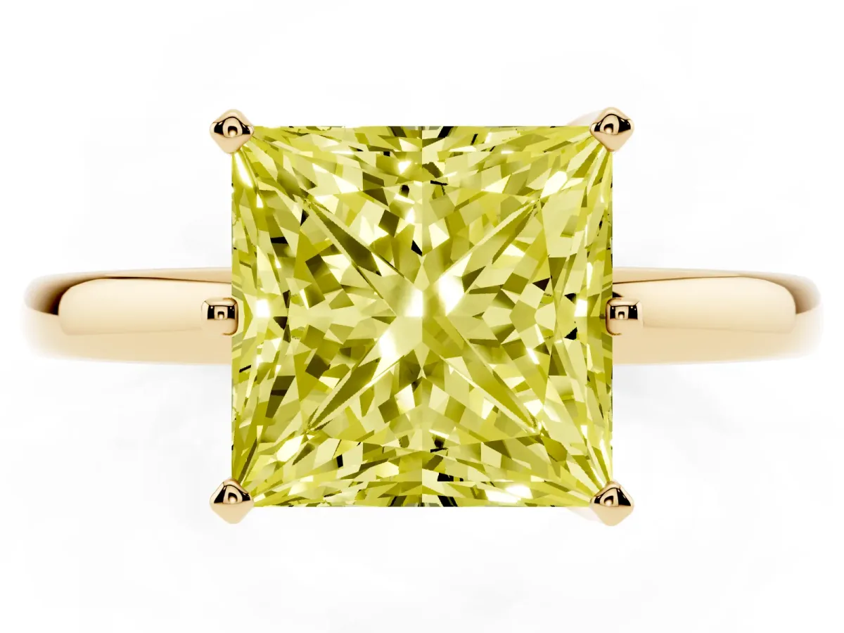 Fancy Yellow Princess Cut Solitaire Diamond Ring with Six-Prong Setting on a Classic Band Yellow gold