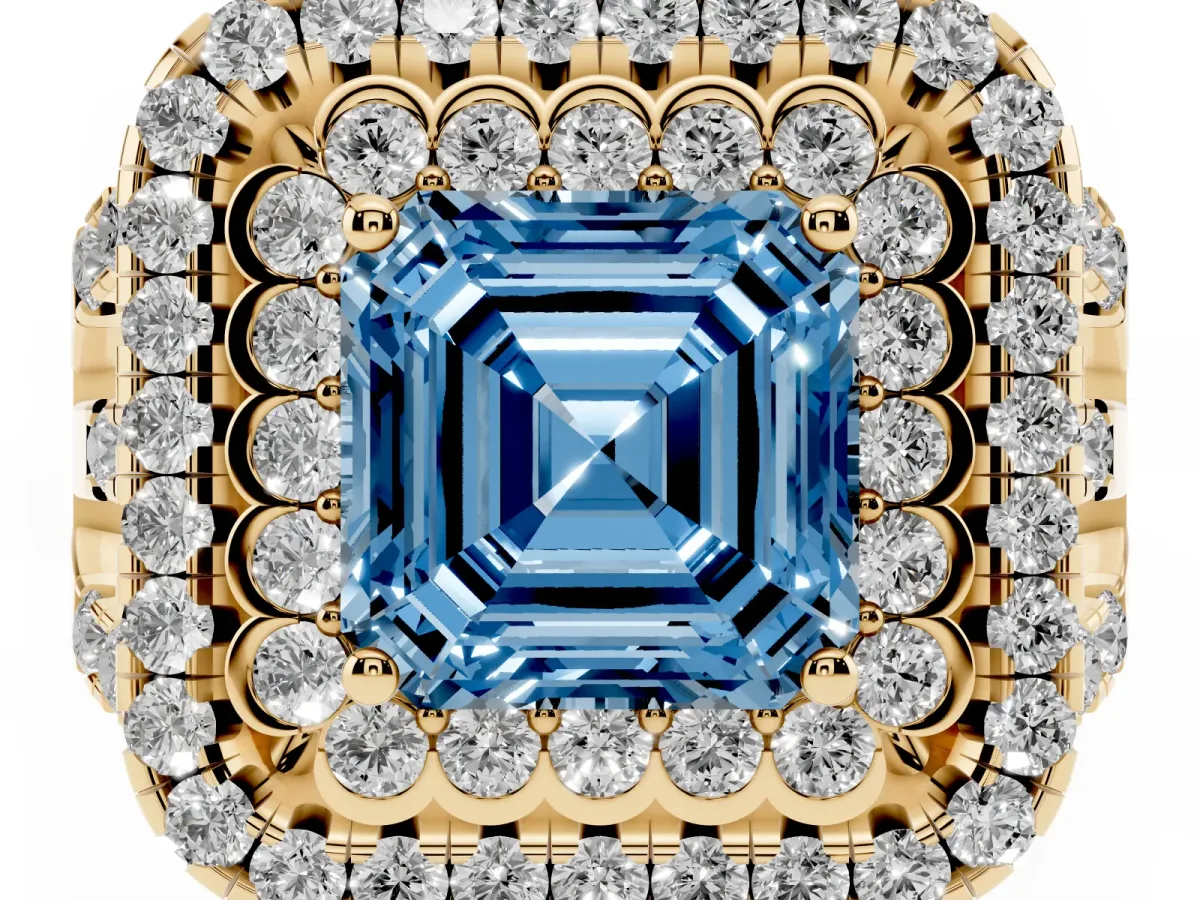 Fancy Blue Asscher Cut Diamond Double Halo Ring with Round Pavé Split Shank and Prong Setting Yellow gold
