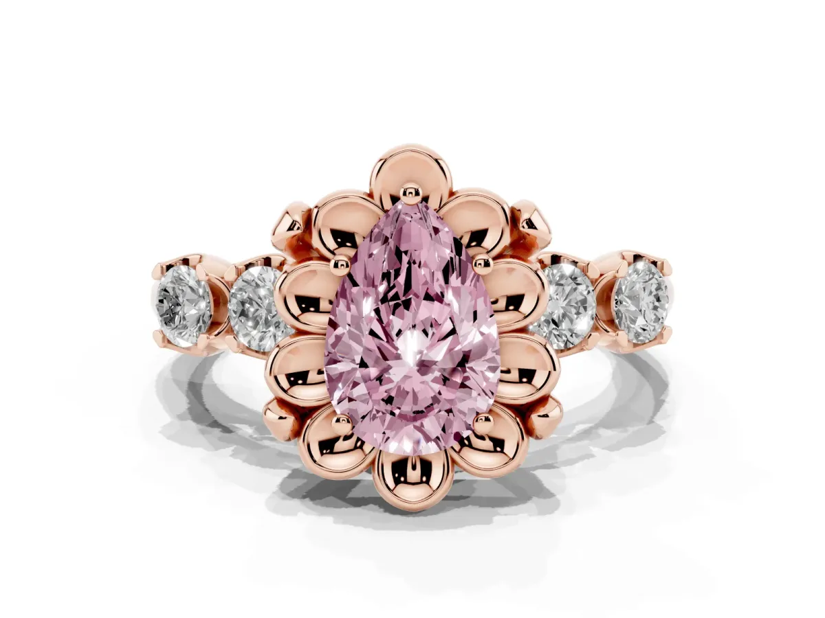 Fancy Pink Pear Cut Cut Diamond Floral Halo Engagement Ring with Shared Prong Setting Rose gold