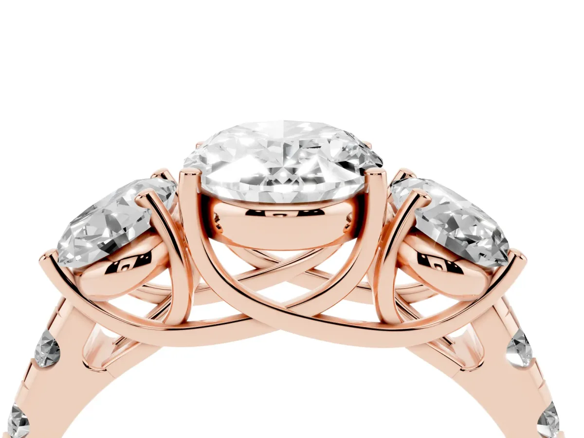 Three-Stone Oval Cut Diamond Pavé Band with Prong Setting Rose gold