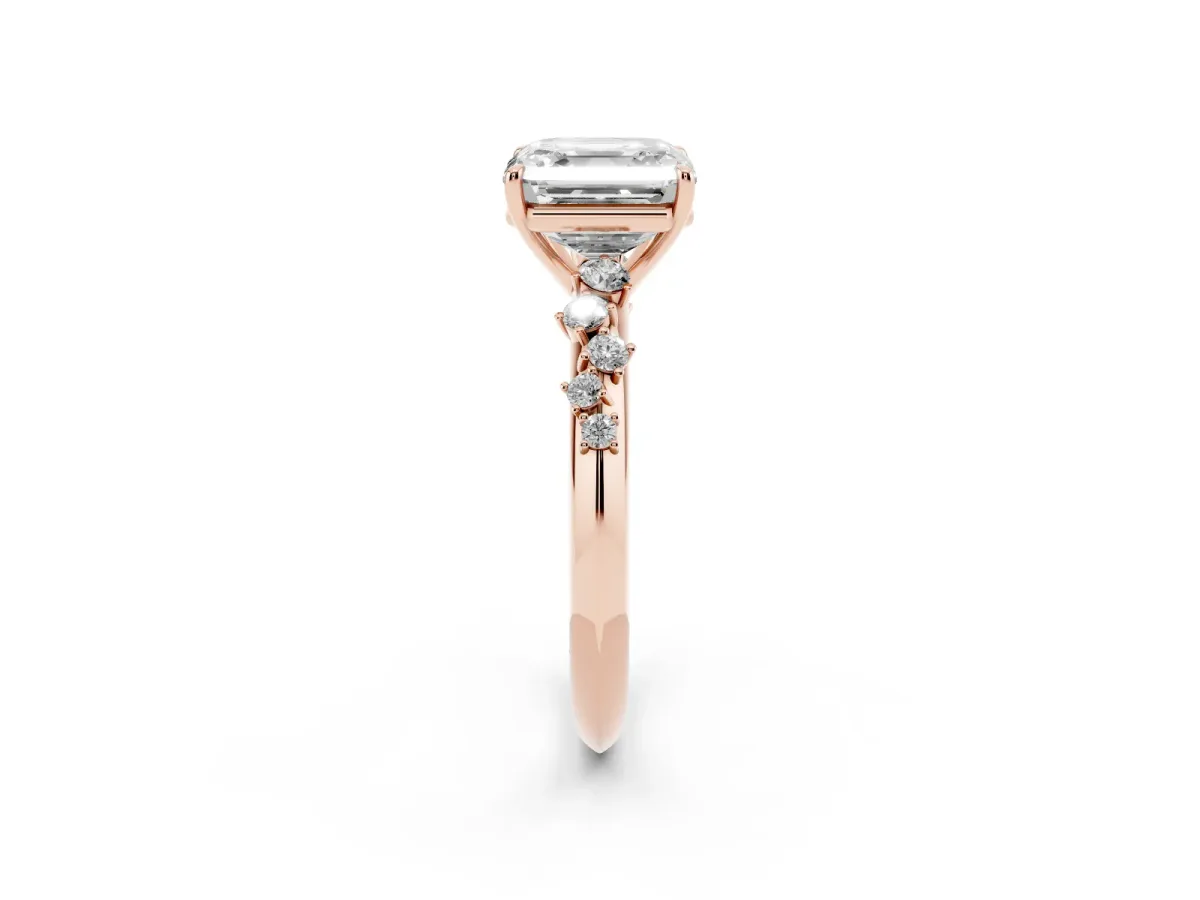 Asscher Cut Diamond Cluster Side Stone Solitaire Ring with Prong Setting Rose gold