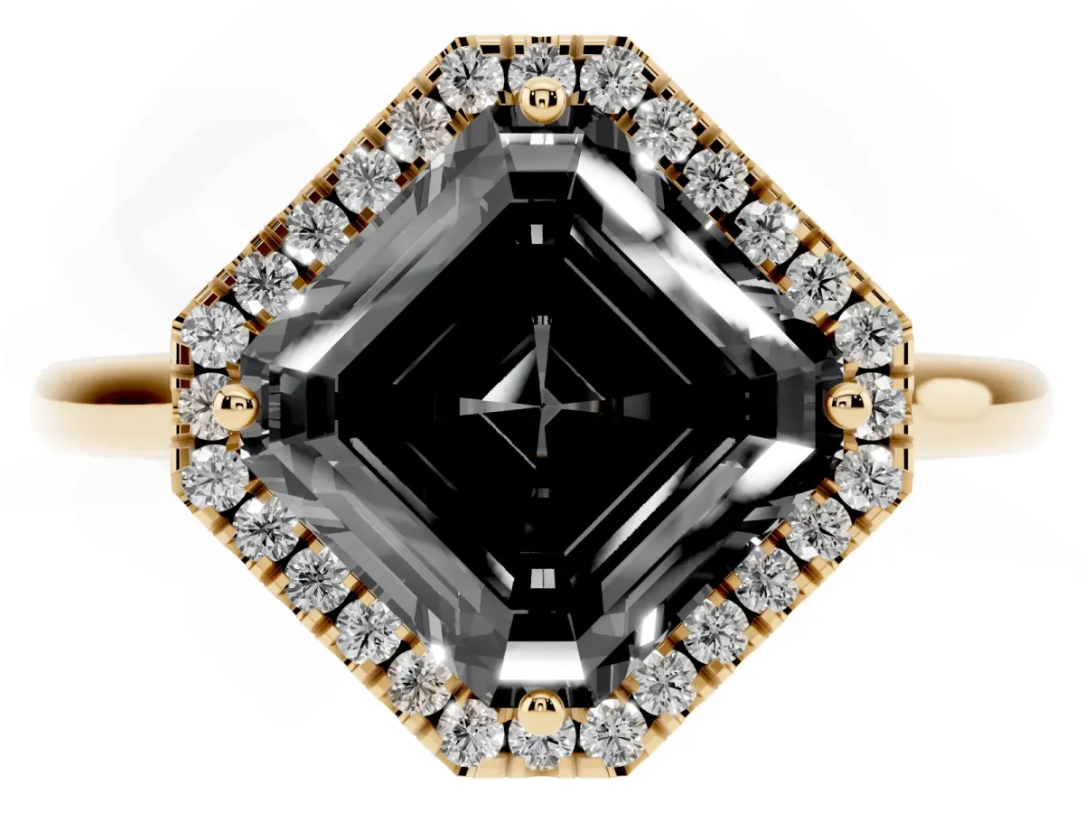 Fancy Black Asscher Cut Halo Round Diamond Solitaire Engagement Ring with Pave Band and Four-Prong Setting Yellow gold