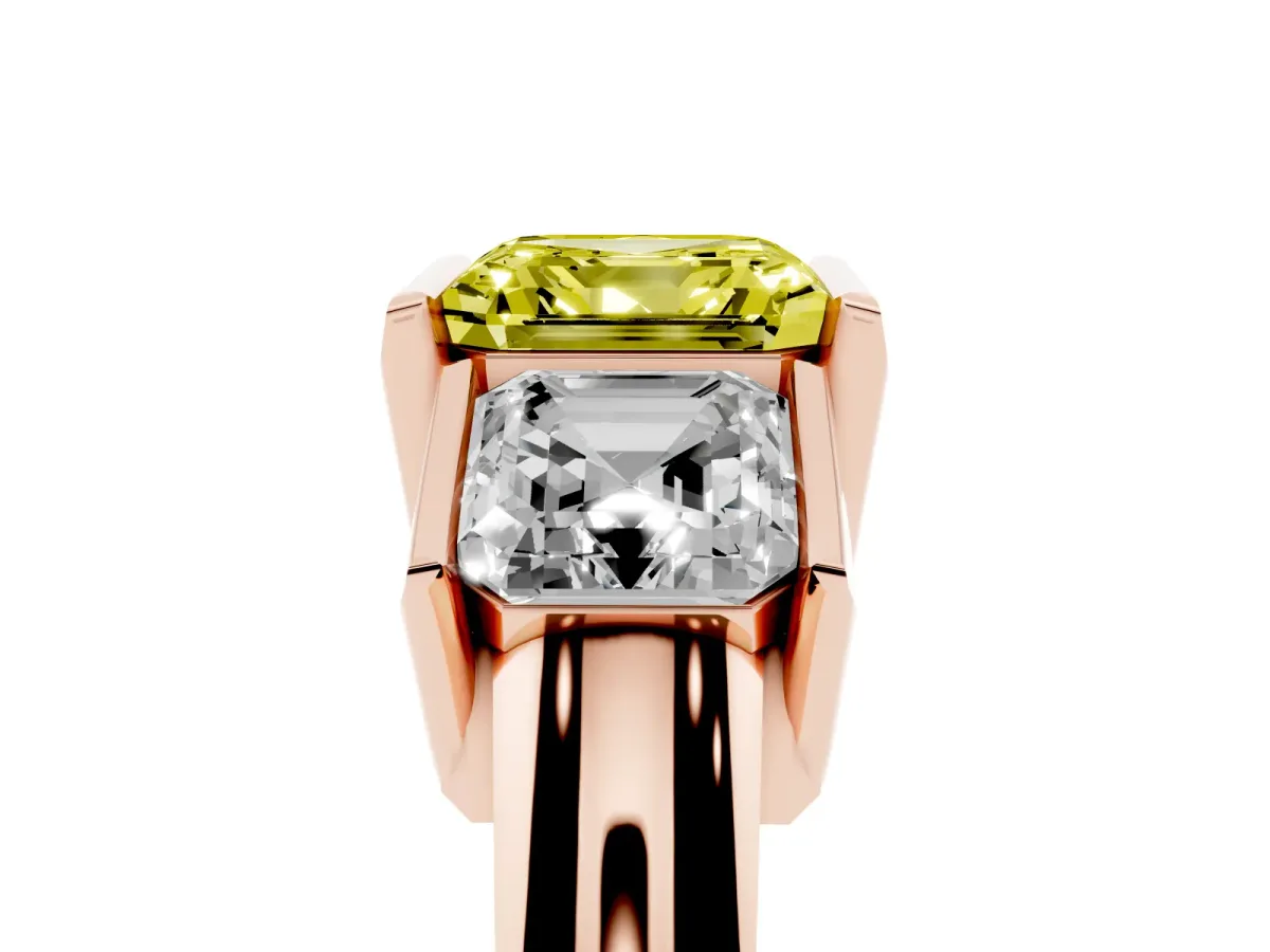 Fancy Yellow Three Stone Asscher Cut Cut Channel Set Diamond Ring Rose gold