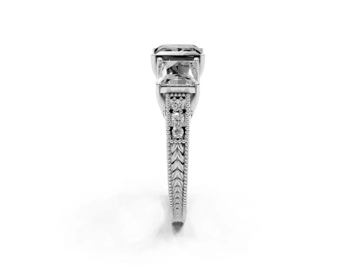 Fancy Black Three-Stone Princess Cut Cut Milgrain Pavé Engagement Ring Platinum