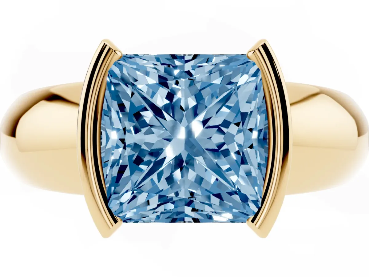 Fancy Blue Princess Cut Solitaire Tension Set Diamond Ring with Wide Band Yellow gold