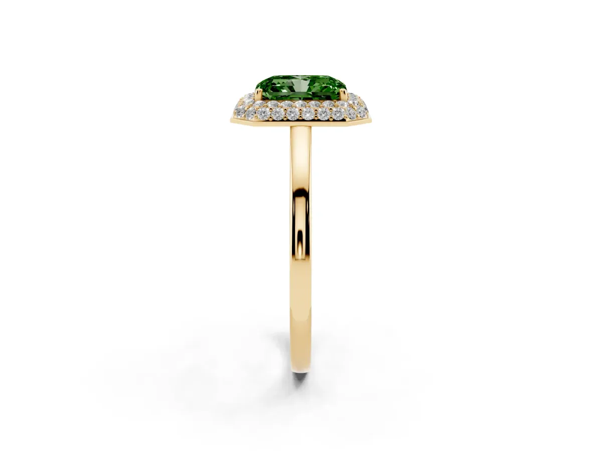 Fancy Green Radiant Cut Halo Diamond Engagement Ring with Solitaire Band and Four-Prong Setting Yellow gold