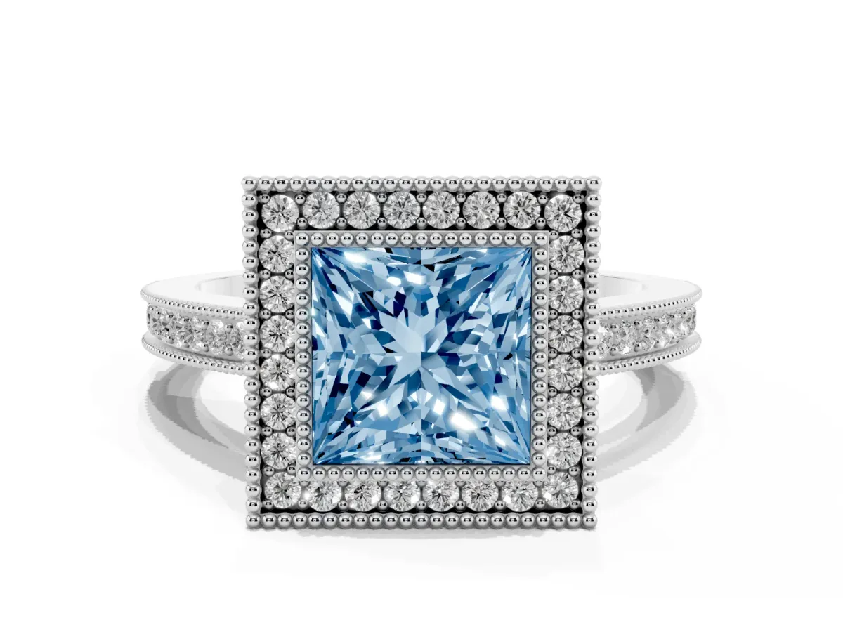 Fancy Blue Princess Cut Cut Halo Diamond Ring with Pavé Band and Milgrain Prong Setting Platinum