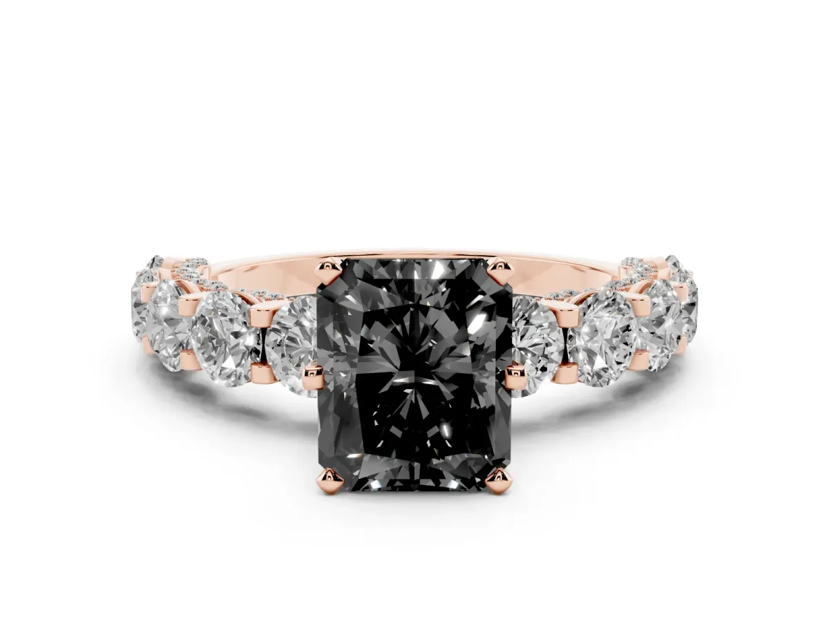 Fancy Black Radiant Cut Diamond Side Stone Engagement Ring with Four-Prong Setting Rose gold