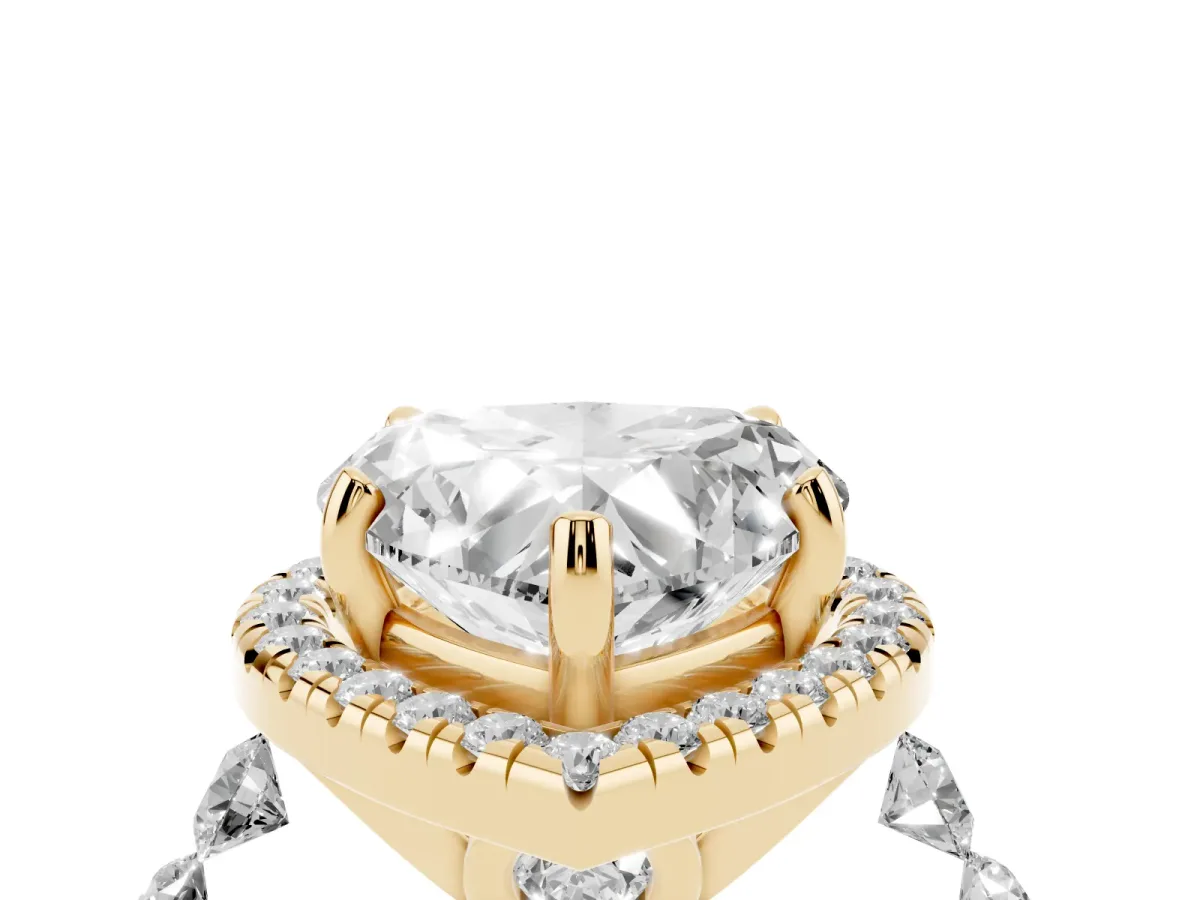 Heart Cut Halo Pavé Diamond Engagement Ring with Four-Prong Setting Yellow gold