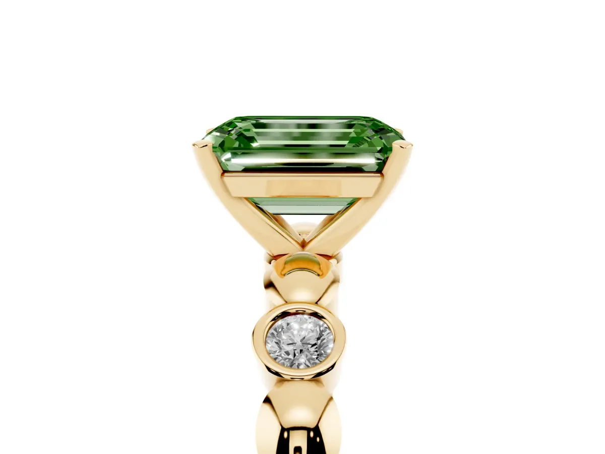 Fancy Green Emerald Cut Solitaire Bezel-Set Diamond Ring with Beaded Band and Four-Prong Setting Yellow gold