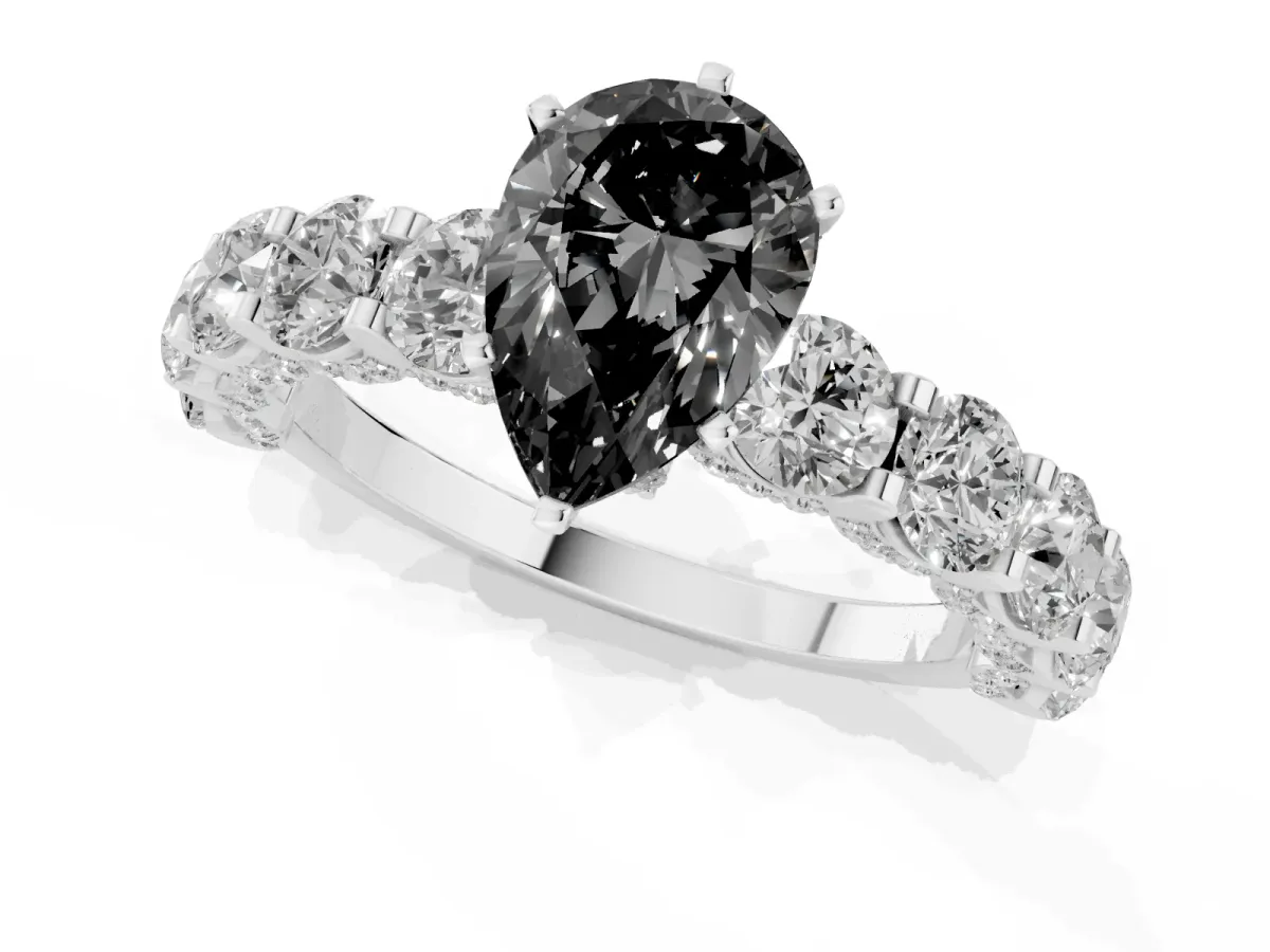 Fancy Black Pear Cut Diamond Side Stone Engagement Ring with Four-Prong Setting Silver