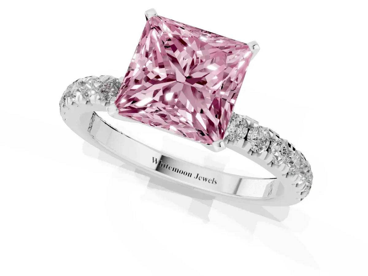 Fancy Pink Princess Cut Diamond Solitaire Ring with Pavé Accents and Four-Prong Setting Silver