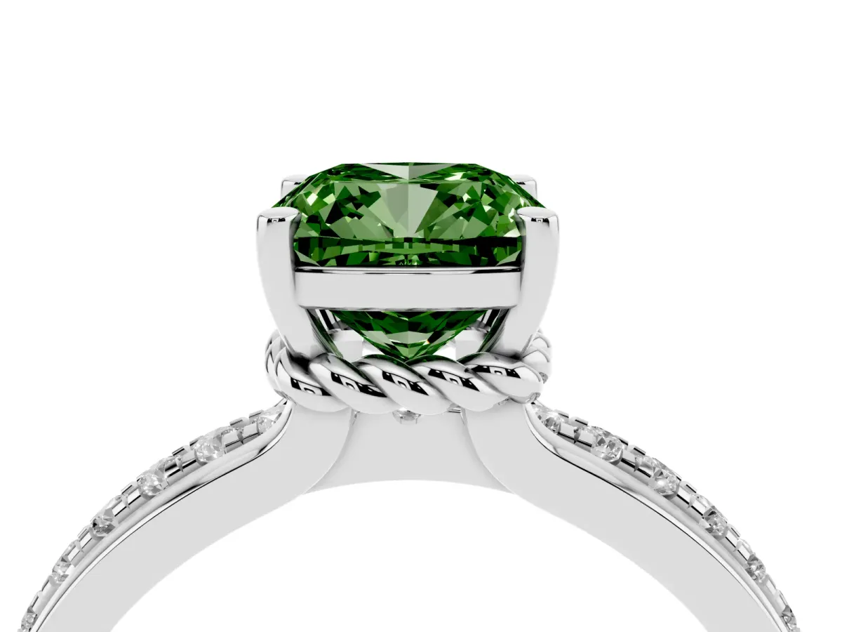 Fancy Green Cushion Cut Solitaire Diamond Ring with Channel Set Band and Six-Prong Setting Silver