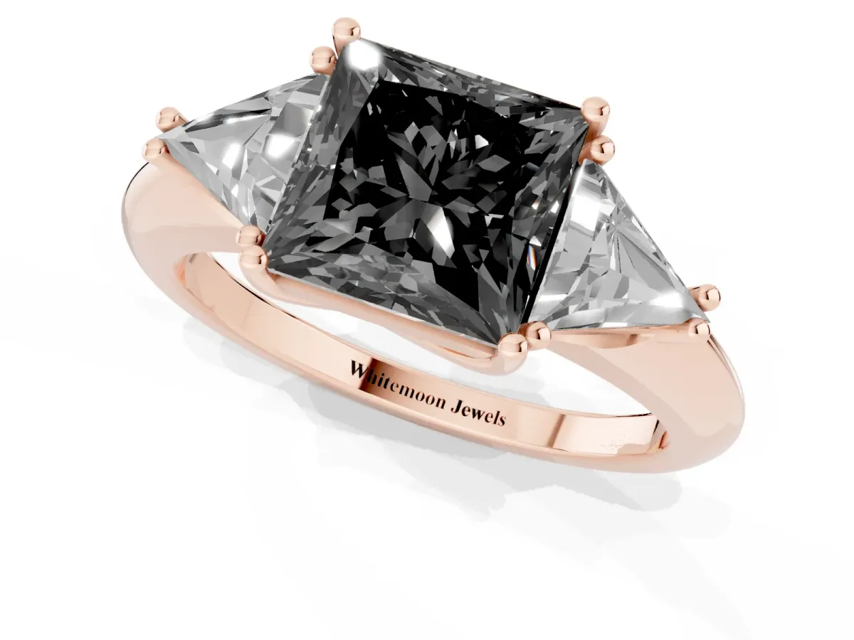 Fancy Black Three-Stone Princess Cut Diamond Engagement Ring with Trillion Side Stones and Prong Setting Rose gold