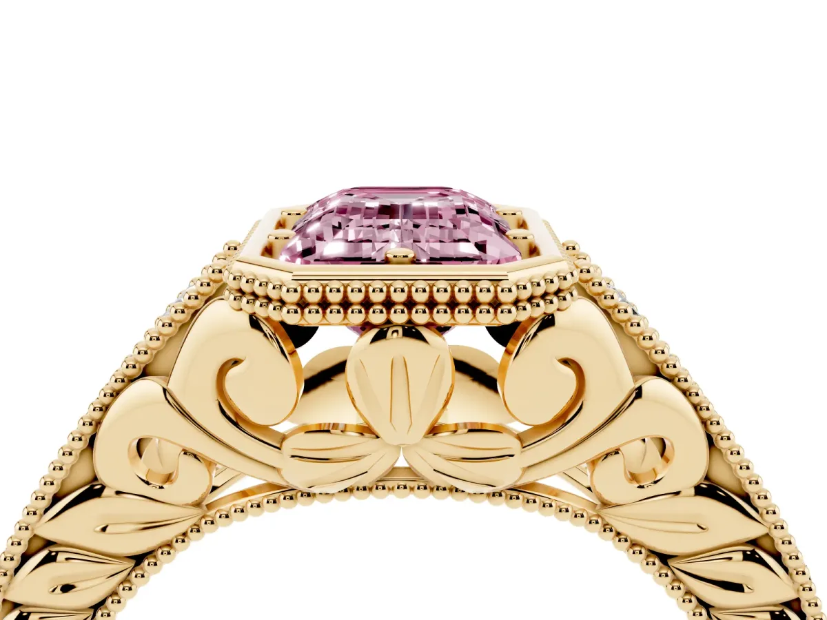 Fancy Pink Bezel Set Emerald Cut Diamond Milgrain Pave Engagement Ring Yellow gold