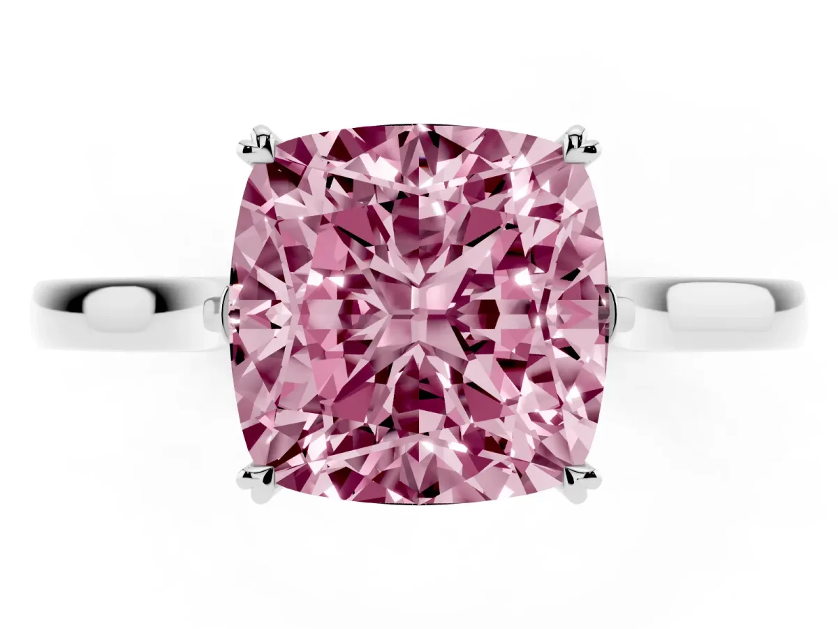 Fancy Pink Cushion Cut Solitaire Heart Prong Engagement Ring with Tapered Band Platinum