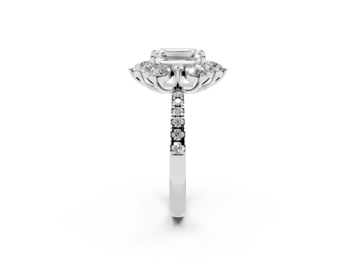 Emerald Cut Diamond Floral Halo Ring with Round Pavé Band and Prong Setting White gold