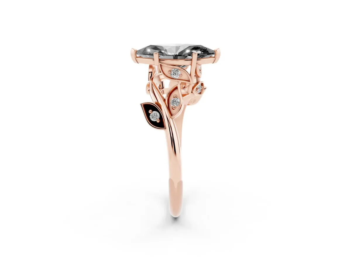 Fancy Black Marquise Cut Solitaire Twist Engagement Ring with Leaf Accents and Prong Setting Rose gold