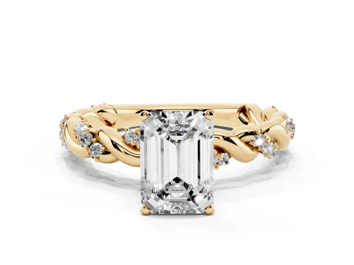 Emerald Cut Diamond Solitaire Ring with Twisted Band and Pavé Accents Yellow gold