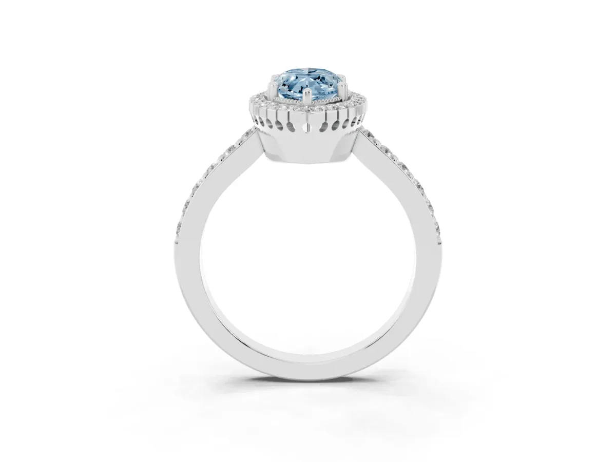 Fancy Blue Marquise Cut Cut Diamond Halo Engagement Ring with Milgrain Detail and Pavé Band White gold