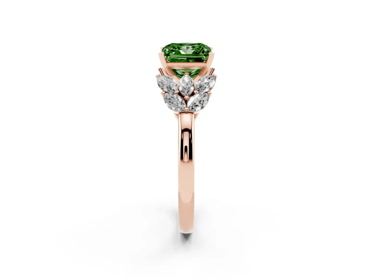 Fancy Green Princess Cut Diamond Cluster Leaf Design Ring with Prong Setting Rose gold