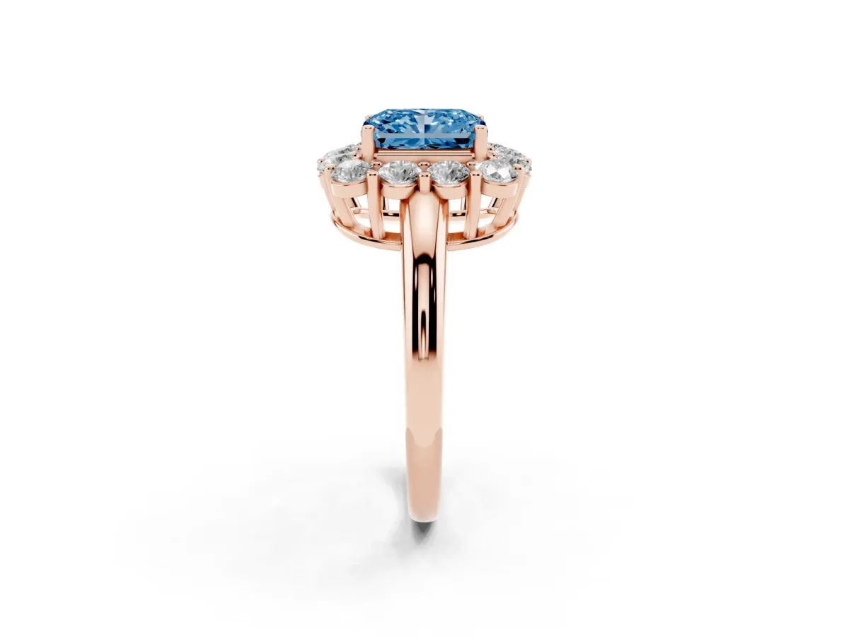 Fancy Blue Radiant Cut Halo Cluster Diamond Engagement Ring with Prong Setting and Polished Band Rose gold
